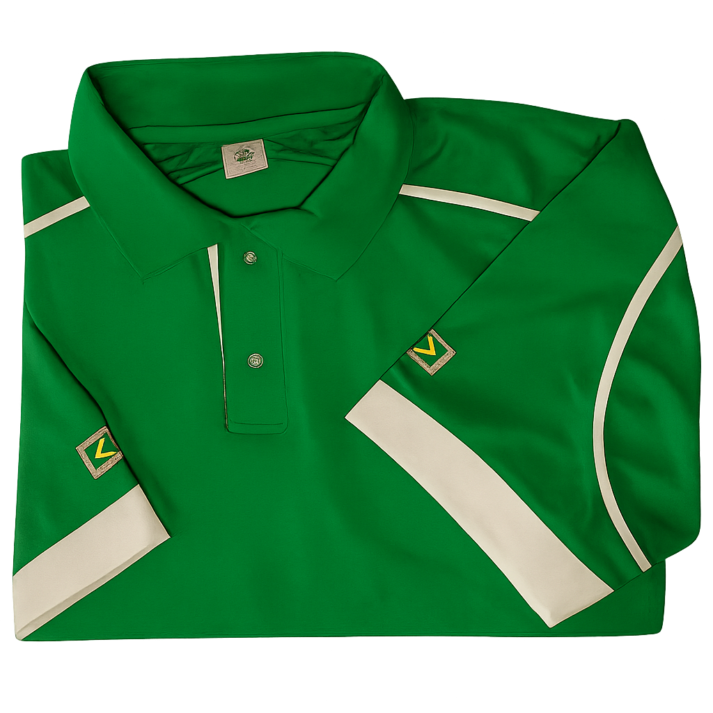 Camisa gola polo masculina nas cores verde com detalhes brancos bordada personalizada