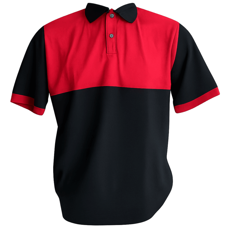 Camisa polo preta com detalhes em vermelho personalizada para serviços industriais