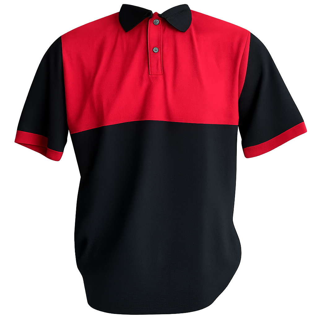 Camisa polo preta com detalhes em vermelho personalizada para serviços industriais