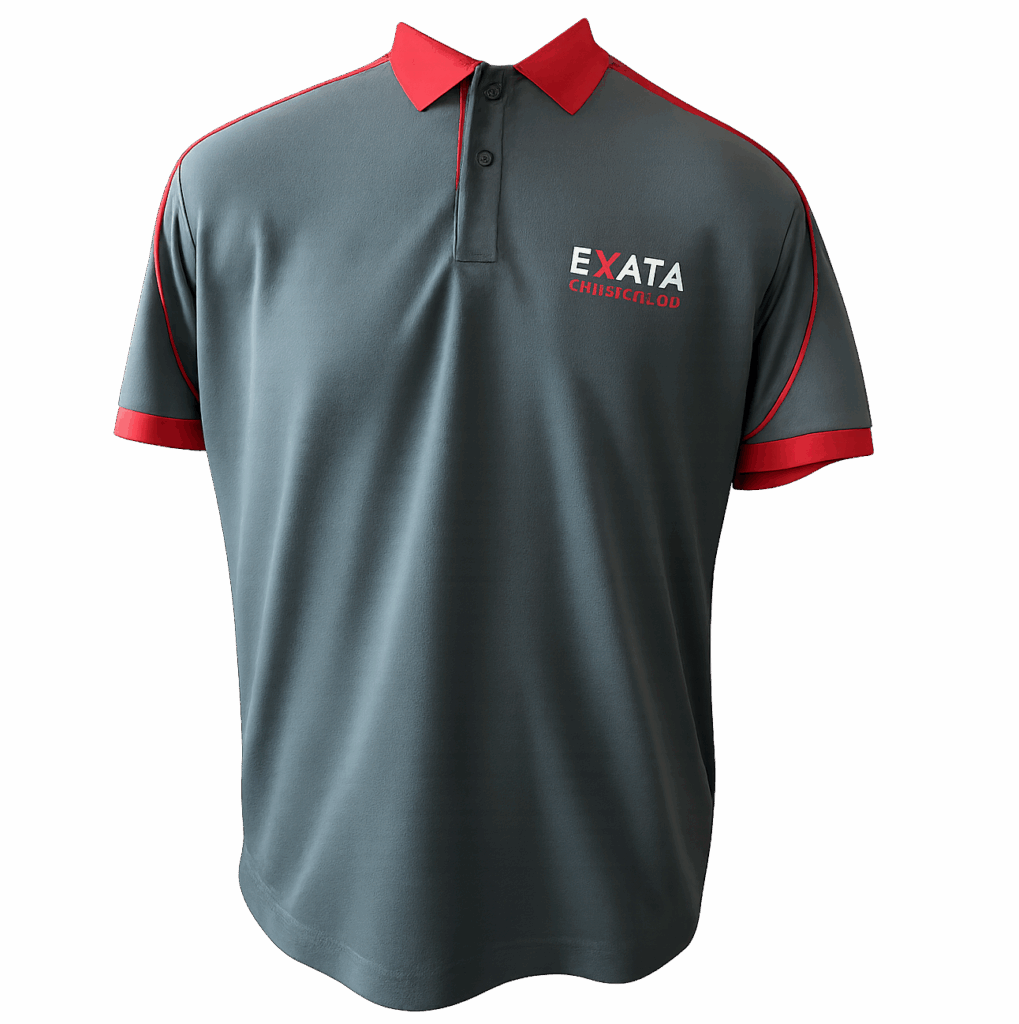 Camisa tipo polo cinza com detalhe laranja personalizada com logomarca da empresa