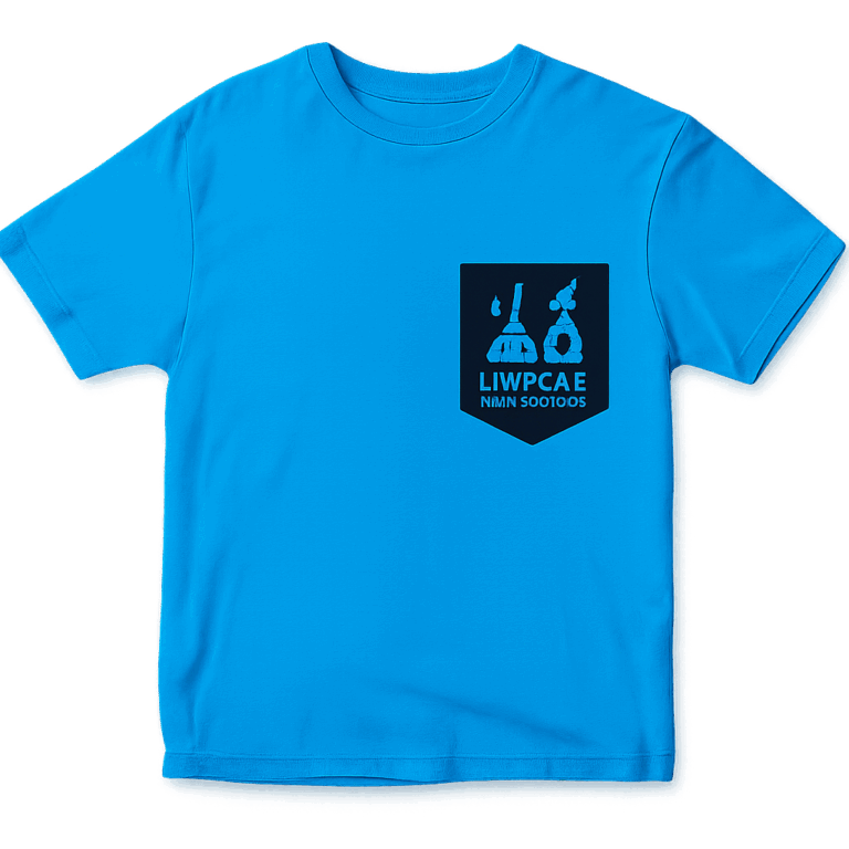 Camiseta masculina customizada em malha PV nas cores azul claro e estampada com silk screen