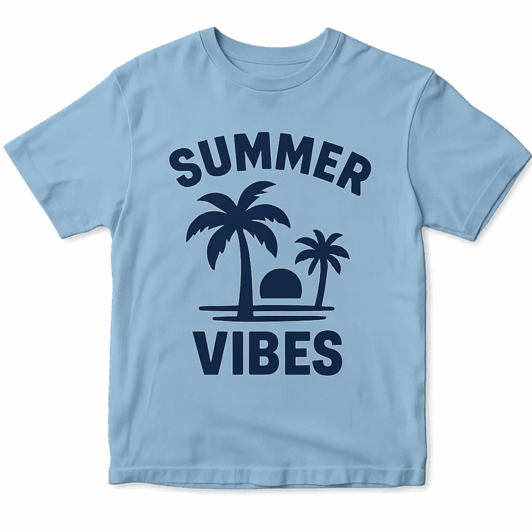 Camiseta masculina customizada em malha PV nas cores azul claro e estampada com silk screen