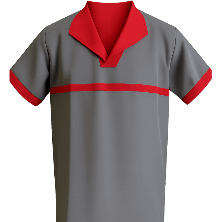 Conjunto de jaleco e calça de Oxford cinza com gola e detalhes em vermelho