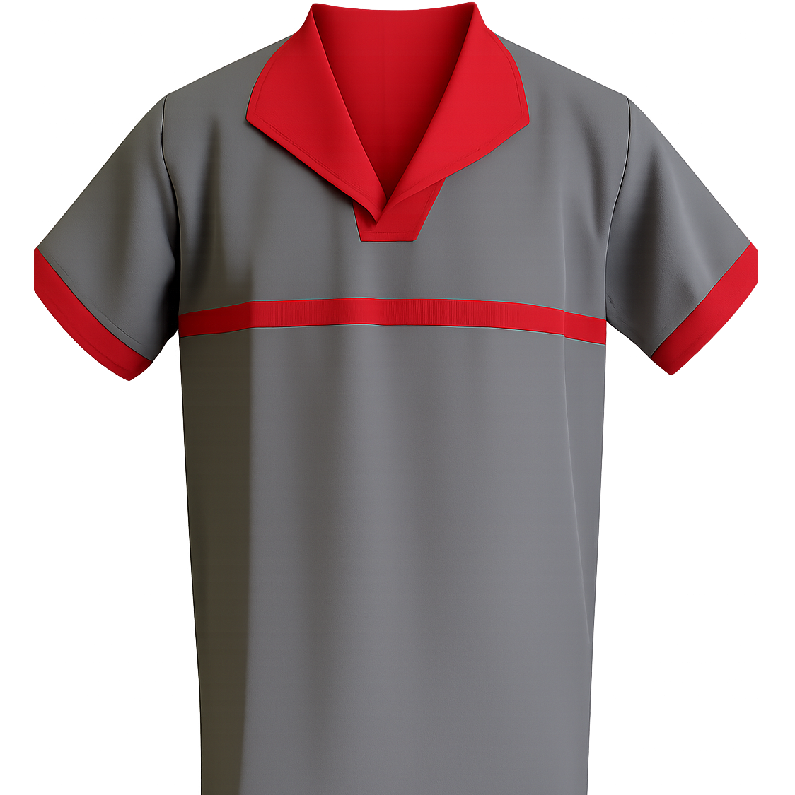 Conjunto de jaleco e calça de Oxford cinza com gola e detalhes em vermelho