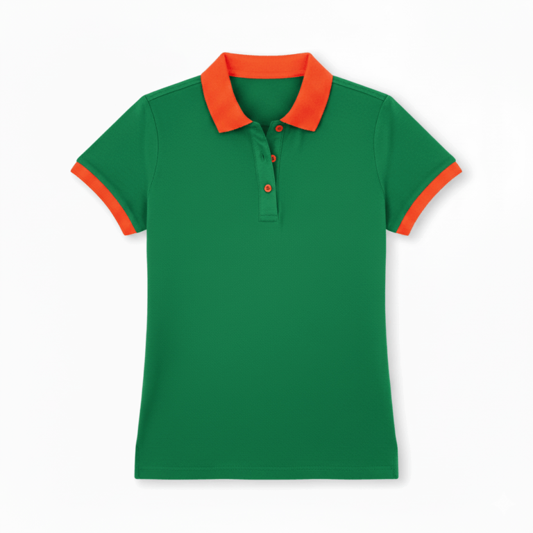 Camisa polo feminina verde com laranja em malha piquet preço baixo confecção de polo feminina no atacado