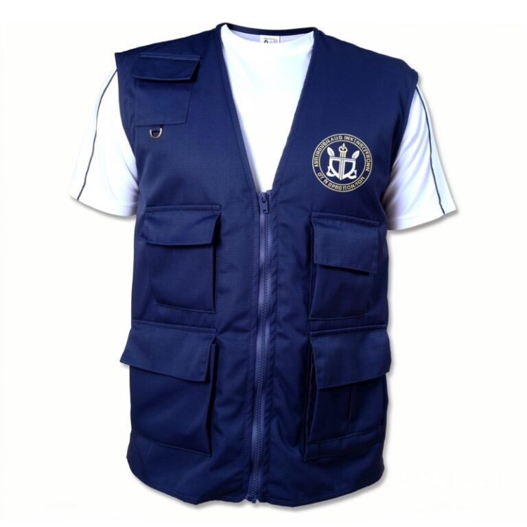 Colete azul com bolso personalizado com logomarca para uniforme de empresas em bim oxforde loja confecção