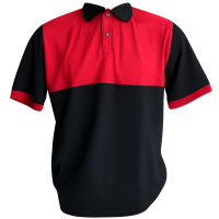 Camisa polo preta com detalhes em vermelho personalizada para serviços industriais