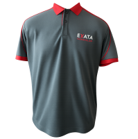 Camisa tipo polo cinza com detalhe laranja personalizada com logomarca da empresa