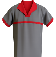 Conjunto de jaleco e calça de Oxford cinza com gola e detalhes em vermelho